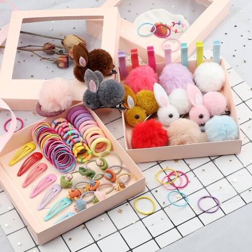 29/38 Pcs Hair Band Accessories Sets Cartoon Rabbits Hairball Headwear Cute Hair Clips Soft Pom Pom Elastic Headdress Kid Gifts