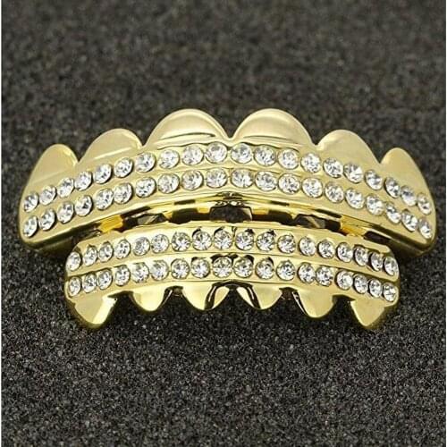 Teeth Grillz Iced out gold Top Bottom cross False Teeth Bump Lattice Dental Grills Set Body Jewelry men women