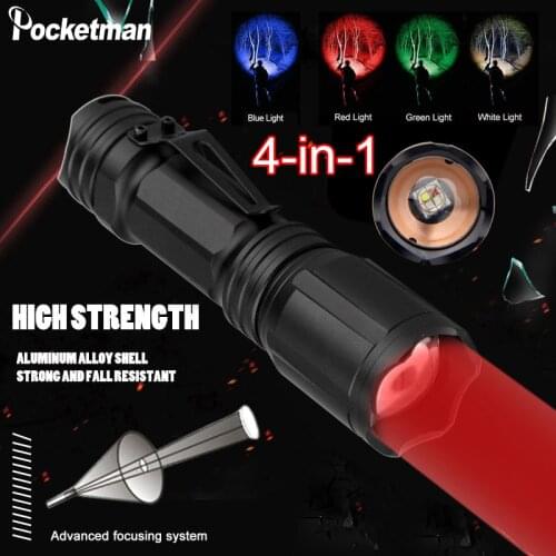 New LED Portable Hunting Flashlight 4 Color In 1 Multi-Color Torch Lamp Rechargeable Mini Flashlights Zoomable Outdoor Flashlamp
