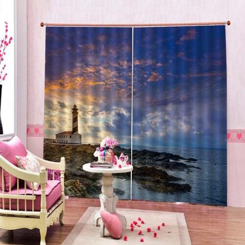Seaside Scenery Curtains Lighthouse on the Sea under Sky at Sunset Blackout Window Drapes For Living room Bedroom Indoor Decor