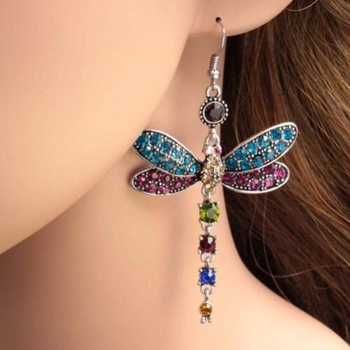 Retro Women Rhinestone Inlaid Dragonfly Shaped Charm Hook Earrings Jewelry Gift