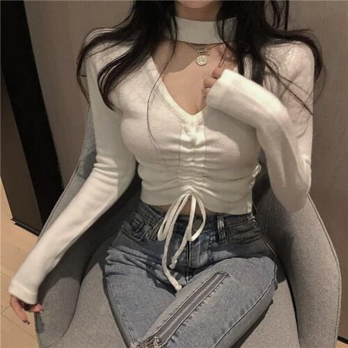 Halter neck V-neck open belly button knit slim short drawstring tops 2021 new women