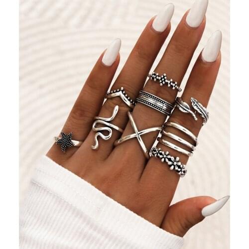 Tocona 9pcs/sets Bohemian Snake Ring for Women Exquisite Starfish Leaf Flowers Cross Joint Ring Sets Jewelry Anillo 17590