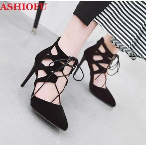 ASHIOFU Hot Sale Real Photos Handmade Ladies High Heels Sandals Cross Shoelace Party Prom Summer Shoes Evening Daily Wear Shoes