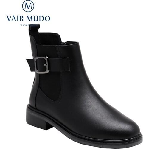 VAIR MUDO Women Ankle Boots Shoes Spring/Autumn Concise Genuine Leather Concise Solid Round Toe Low Heels Brown Black ShoeWM-X41