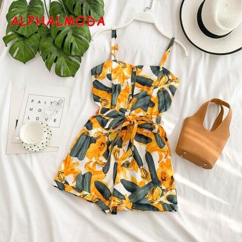ALPHALMODA 2019 Summer Women Casual Resort Playsuits Single Breasted High Waist Sashes Ladies Fashion Sling Pocket Rompers
