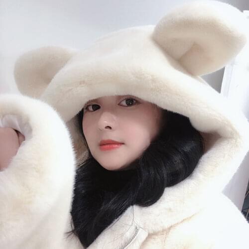 Hstar Women Winter Fur Coat 2021New Cute Bear Ears Furry Velvet Padded Jacket Lady Loose Imitation Mink Fur Overcoat