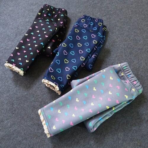 Winter Heart Print Kids Leggings Lace Baby Girl Leggings with Velvet for Girls Thicken Trousers Children Casual Sports Pants