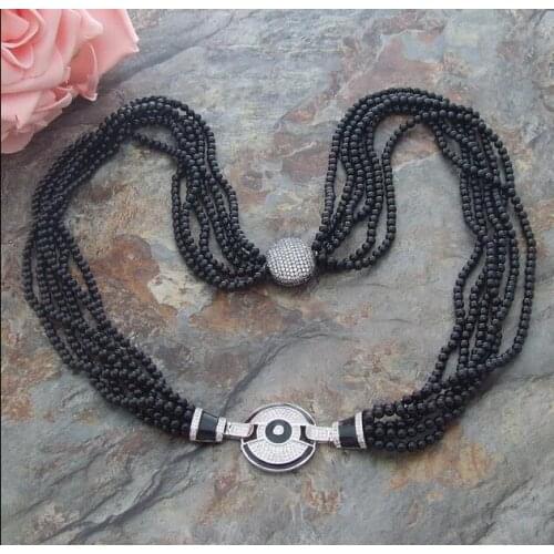 32"natural round black 6mm bead 6row Necklace CZ Clasp