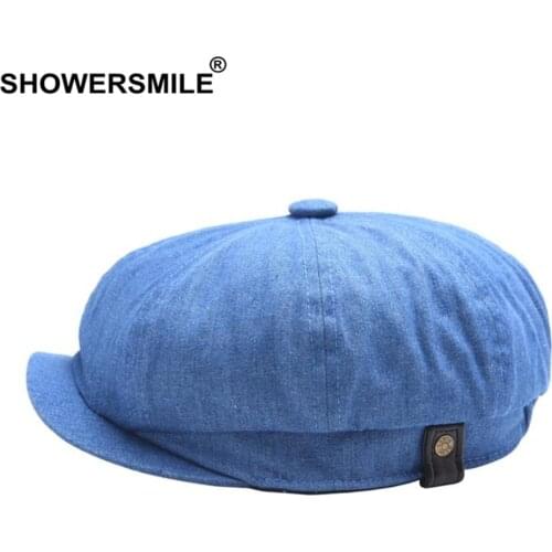 SHOWERSMILE Summer Newsboy Cap Men Denim Blue Baker Boy Flat Cap British Vintage Solid Beret Octagonal Hats Large Size XL