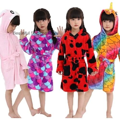 Kids Hooded Bathrobe Kigurumi for Girl Sleepwear Robe Winter Flannel Warm Bathrobe Baby Pajamas Bath Robe Unicorn Children Robes