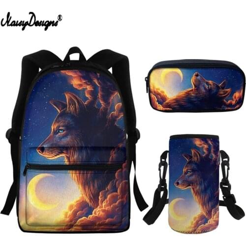 NOISYDESIGNS School Bag Set Backpacks for Teenage Boys Girls 3D Animal Wolf Printing Daily Book Bags with Kettle Bag Pencil Bag