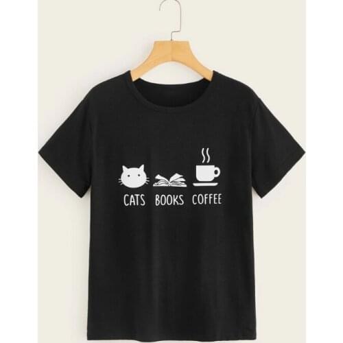 Cats Book Coffe Funny Graphic Mother Cotton Women T-Shirt Fashion Streetwear O Neck Casual Mom Shirt Short Sleeve Mama Top Tees