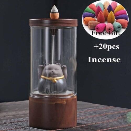 The Lucky Cat Backflow Incense Burner with Glass Cover for Incense Sticks Censer Buddhist Home Decor Ceramic Incense Base