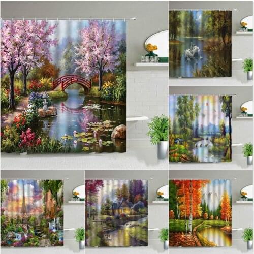 Oil Painting Scenery Shower Curtains Flowers Plant Swan Spring Landscape Bath Curtain Waterproof Bathroom Decor Polyester Cloth