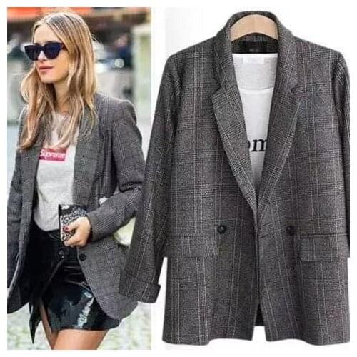 Fashion Spring Autumn Womens Blazers Plaid Double Breasted Pockets Formal Jackets Notched Outerwear Suit Gray Work Coat Slim