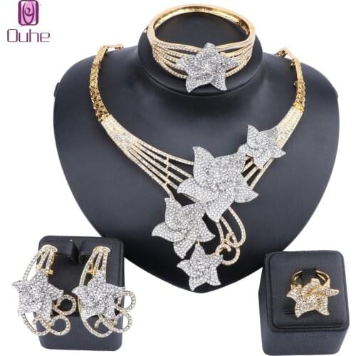 Fashion Star Rhinestones Crystal Necklace Bracelet Wedding Party Elegant Women Earrings Ring Classic Jewelry Sets