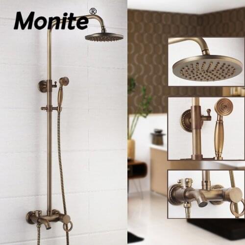 Monite 8 Inch Antique Brass Flexible Retro Vintage Wall Mount Bathroom Shower Head Control Valve Hand Sprayer Outlet Shower Set