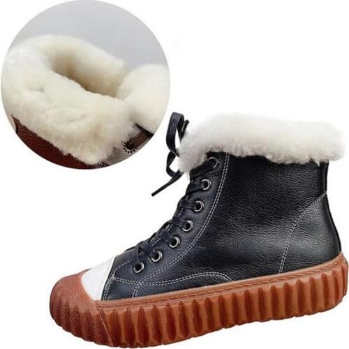 New Lace-up Full Top Cowhide Full Wool Boots Flat Non-Slip Casual Sneakers Women Ankle Boots Snow Shoes Warm Winter Women Boots