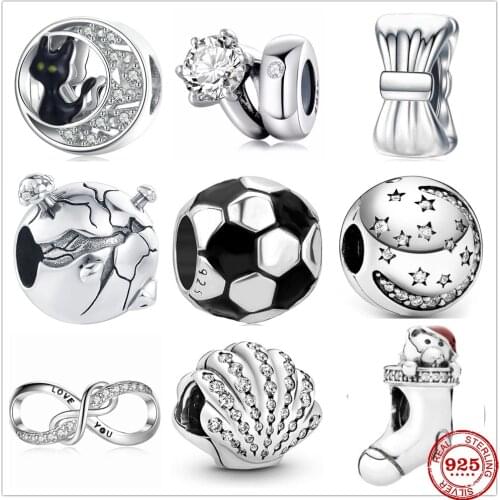 Genuine 925 Sterling Silver Beads Charm Cat Bow Moon Football Shell Fit Original Pandora Bracelet Charm Jewelry Gif