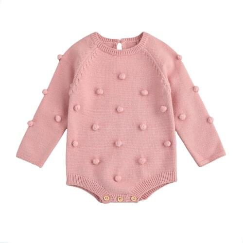 FOCUSNORM Autumn Baby Girls Boys Knit Sweater Romper Tops Solid Balls Long Sleeve Button Jumpsuits 0-24M