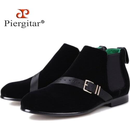 Piergitar Handsome Men Velvet Boots with Metal Buckle Gold bottom Fashion Autumn Winter Men Shoes Slip-on Men Ankle Boots