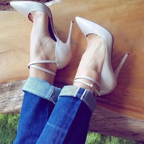 Sexy Double Ankle Strap High Heel Pumps Pointed Toe Stiletto Heels Patent Leater Shallow Shoes White Beige Black Party Shoes