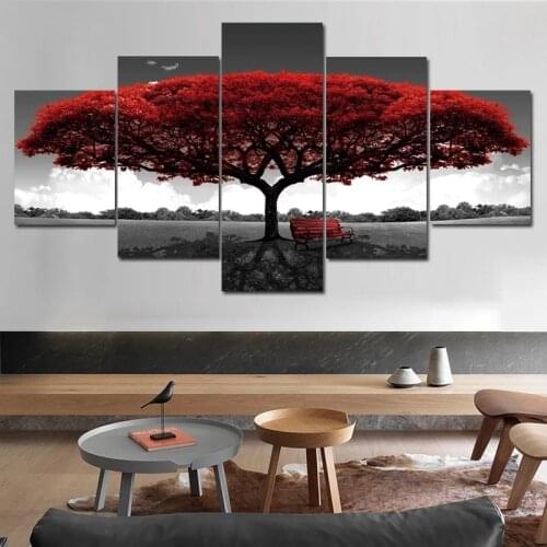 Modern Home Decor Red Romantic Tree Landscape Posters And Prints 5 Panels Wall Art Canvas Painting Wall Pictures For Living Room