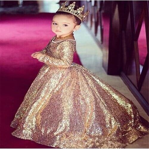 Gold Sequins Luxury Elegance Flower Girl Dresses For Party Long sleeve Get Together Flower Girl Dress First Holy Communion Gown