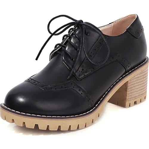 Plus Size 44 Square Heels Platform British Style Vintage Spring Summer Women Shoes Black Pink Platform Casual Oxford Pumps