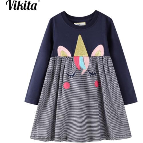 VIKITA Girls Dress Long Sleeve Kids Unicorn Cotton Dress Children Striped Vestidos Girls Casual Autumn Dresses Girls Clothes