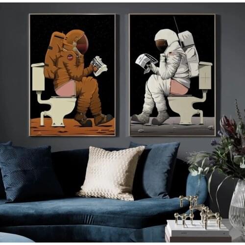 Funny Sitting on The Toilet Astronaut Canvas Painting Wall Art Nordic Posters and Prints Wall Pictures for Living Room Decor