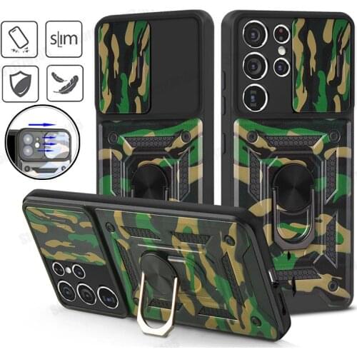 Slide Camera Protection Case For Samsung S21 Plus S20 Note 20 Ultra A72 A52 4G 5G Magnetic Stand Camouflage Hybrid Armor Cover