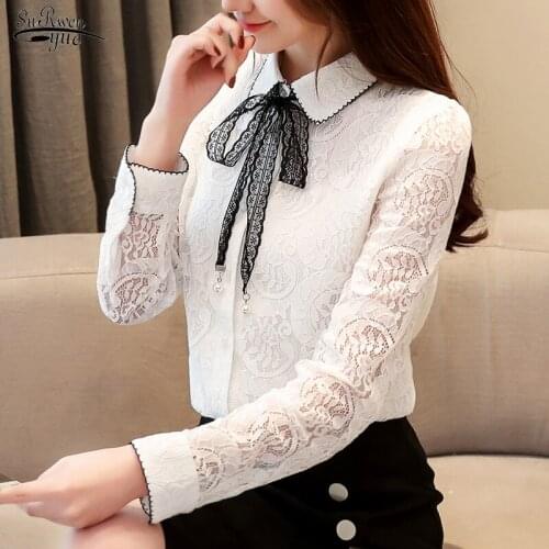 Winter Long Sleeve Women Shirts Peter Pan Collar Print Bow Lace Hollow Women Blouse Sexy Elegant Office Lady Women Tops 6958 50