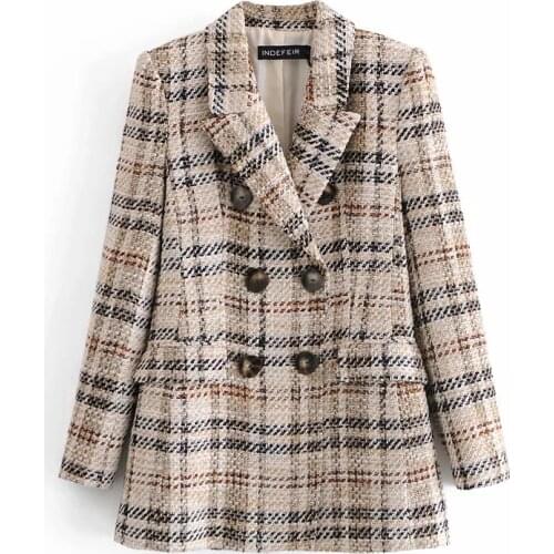 ZA Women Fashion Double Breasted Tweed Check Blazers Coat Vintage Long Sleeve Female Outerwear And High Waist Short Skirt