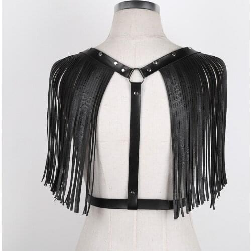 Women Leather Shoulder Tassel Adjustable Pu Leather Body Chest Harness Bondage Belt with Tassel Party Decoration Shoulder Tassel