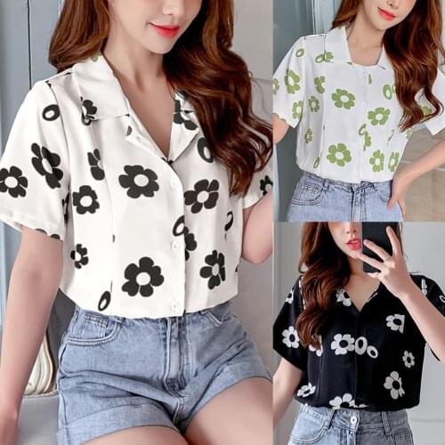 Flower Print Short Sleeve Women Thin Loose Top Summer Casual Office Blouse Shirt