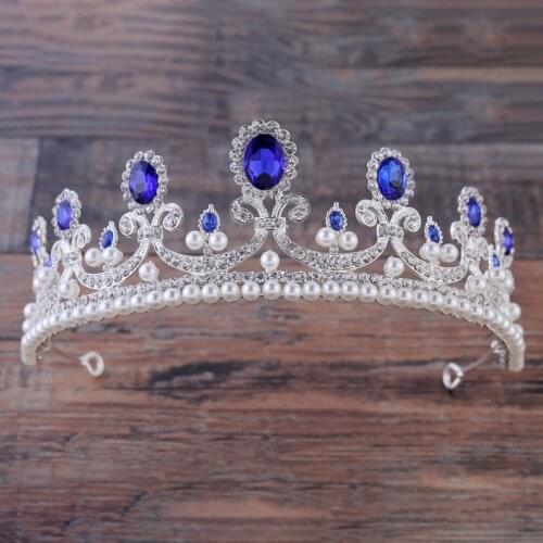 2020 New Style Baroque Blue Red Crystal Pearl Bridal Crown Tiaras Diadem Tiaras for Women Bride Wedding Hair Accessories