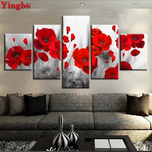 5d Mosaic Diamond Painting Poppy flower DIY Diamond Embroidery pattern 5 pcs Cross Stitch Wall Pictures for Wedding Decoration