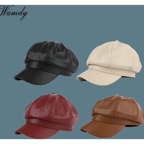 Women PU Peaked Beret Cap Girls Retro Solid Color Octagonal Cap Winter Autumn Painter Hats Classy Faux Leather Beret Hats
