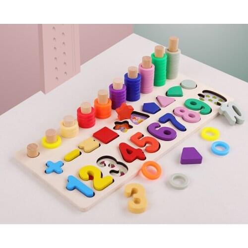 Preschool Early Educational Toys 3 In 1 Wood Shape Number Color Recognition Activity Puzzle Matching Board Stacking Block Toy