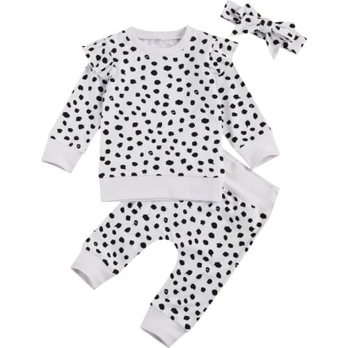 Childrens Three Piece Set, Kids Fly Sleeve Crew Neck Dot Pullover Suit Stretch Pants Hair Band