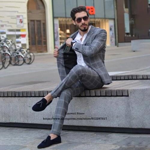 Classic Plaid Slim Fit Mens Suits 2 Piece Jacket Pants Set Formal Business Blazer Masculino Groom Wedding Tuxedo Costume Homme