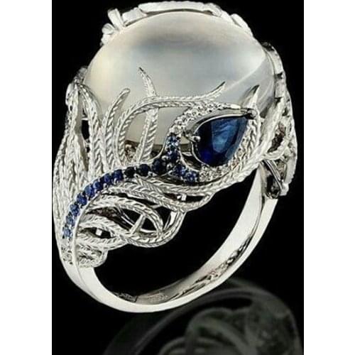 FDLK Unique Silver Color Moonstone Ring Natural Blue Color Jewelry Cocktail Engagement Wedding Rings For Women Size 6-10