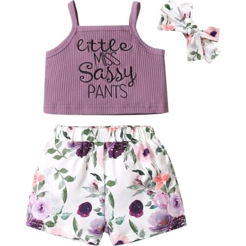3Pcs Little Girls Outfit Children Summer Sweet Style Sleeveless Suspender Letter Top + Floral Printing Shorts + Bow Headwear