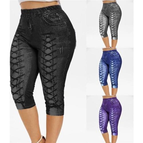Women Leggings Plus Size Capri Panel Printed Leggings Push Up 3D Elastic High Waist Skinny Fitness Trouser Large Size