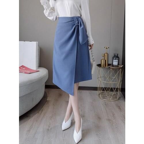 Fashion Office Ladu Skirt Vintage Casual Irregular Women Skirt Button Chic Ol Split Work Wear Midi Skirts Solid Black