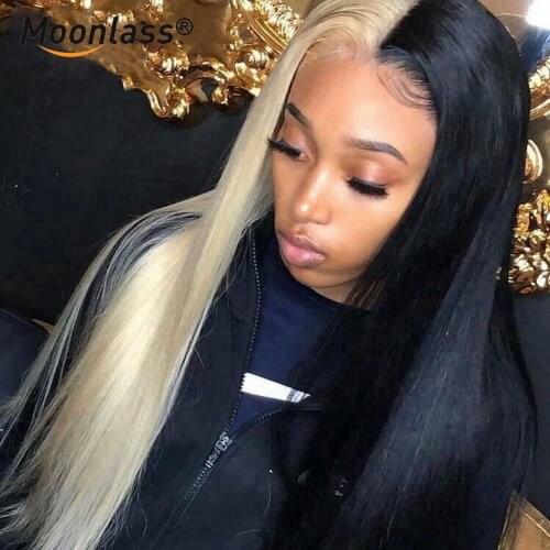 Half Black Half Blonde Lace Front Wig With Baby Hair Preplucked Brazilian Remy Pink Red Straight Human Hair Wigs For Black Women