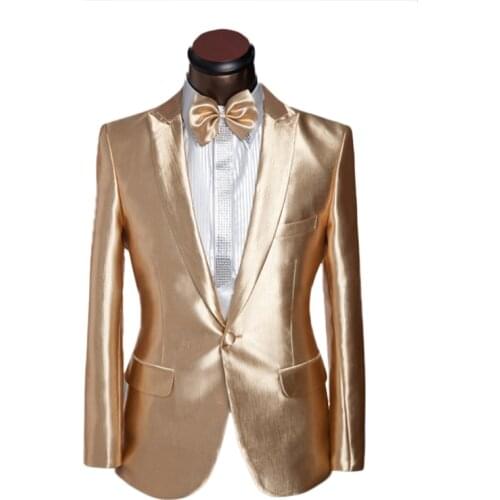 2017 Latest Coat Pant Designs Gold Satin Men Suit Prom Jacket Slim Fit Tuxedo Custom Groom Stage Suits 2 Piece Blazer Masculino