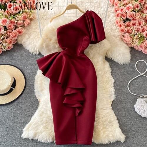 OCEANLOVE Evening Party Dresses for Women 2021 Solid Ruffles Summer Autumn Korean Sexy Vestidos High Waist Elegant Robe Femme
